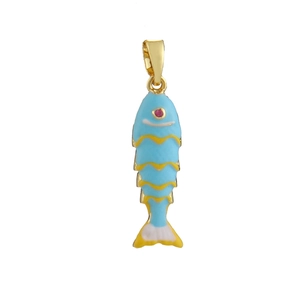 Close-up of sky blue enamel fish pendant with 18k gold plating and wave details