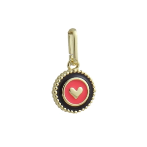 Macro detail of 18k gold plated enamel heart pendant with intricate beaded edge texture