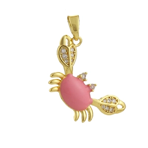 Detailed view of crab pendant with gold plating, pink enamel shell and zircon accents