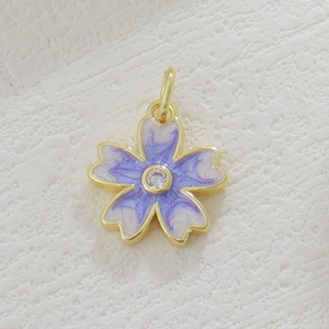 Golden cherry blossom pendant with purple enamel and zircon for DIY jewelry making