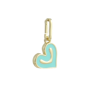 Detail view of 18k gold heart pendant with light blue enamel and a V-shaped inlay