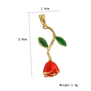 Detail showing red rose pendant dimensions with 18k gold plating and enamel finish
