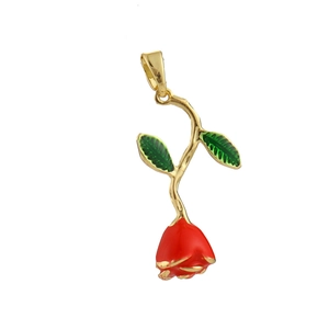 Detailed view of an 18k gold plated cactus flower pendant with red enamel and green leaves