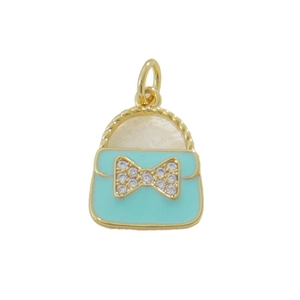 Exquisite 18k gold plated handbag pendant with blue enamel and pearl inlay details