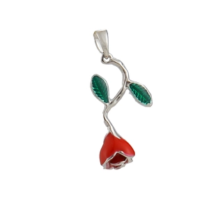 Detail of red rose enamel pendant in gold finish with green leaves for DIY jewelry