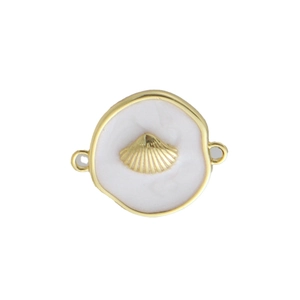 Detail of 18k gold plated shell pendant with white enamel finish and double ring connectors