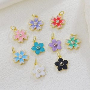 Copper Sakura Flower Pendant Charm With Rhinestone Enamel Drip Oil For DIY Necklace Bracelet Jewelry Making Women