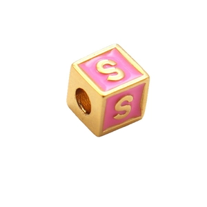 Rosafarbene Emaille-Perle mit 18k Goldbeschichtung und Buchstabe S für DIY-Schmuck
