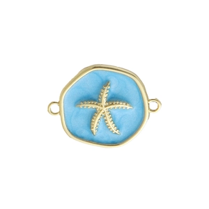 Detailed gold starfish charm with light blue enamel and dual side connecting loops