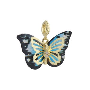 Colgante mariposa chic de oro de 18k con alas de esmalte azul y negro y circonitas