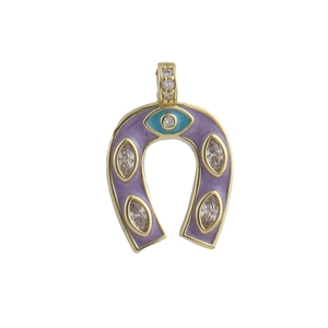 Detail of 18k gold plated horseshoe pendant with purple enamel and evil eye center