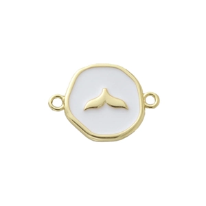 Detail of 18k gold plated round charm with white enamel whale tail for DIY jewelry