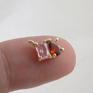 Dual gemstone mini pendant with pink rectangle and orange teardrop zircon in 18k gold plating