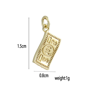 Detailed view of 18k gold plated 100 dollar bill pendant measuring 1.5cm by 0.8cm