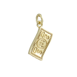 Detailed view of gold plated 18k $100 dollar bill charm with realistic texture