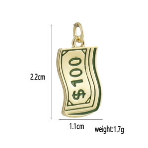 Detailed dimensions of 18k gold plated dollar bill pendant with green enamel finish