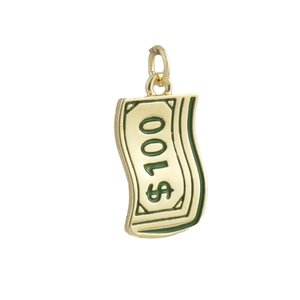 Macro shot of 18k gold plated dollar bill pendant with green oil drip detail