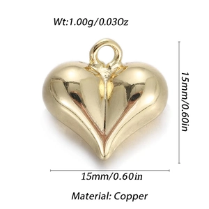 Colgante de corazón en cobre chapado en oro 18k 15mm acabado pulido con anilla superior