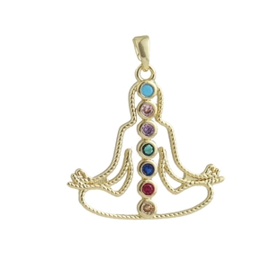 Detailed macro view of 18k gold plated yoga pendant with seven chakra zircon stones