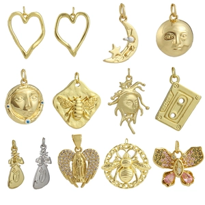 Western Fashion Copper 18K Gold Plated Heart Butterfly Bee Mythological Portrait Cassette DIY Jewelry Charm Pendants