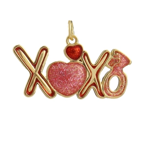 Detail of 18k gold-plated XOXO heart charm with red and pink glittery enamel finish