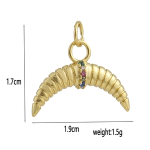 Detailed view of 18k gold crescent pendant with colorful zircon stones and dimensions