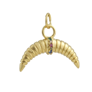 Detail of 18k gold plated crescent moon pendant featuring five colorful inlaid gemstones
