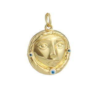Vintage 18k gold plated sun face medallion pendant with blue evil eye charms