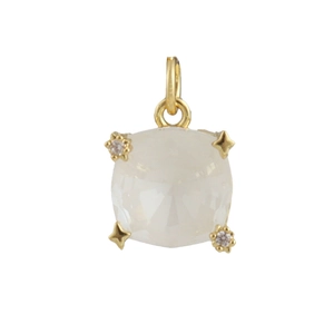 Detail of gold square crystal pendant featuring star accents and micro-pave cubic zirconia