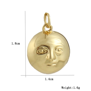 Detailed view of a 1.8cm gold plated moon face pendant with dimensions and weight info