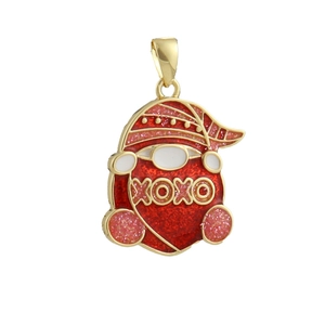 Detail of a gold-plated gnome pendant featuring red glitter and XOXO lettering