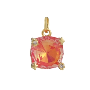 Macro view of square orange zircon pendant with gold star prongs and micro-set stones