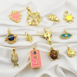 Bohemian Copper Rhinestone Pendants Gold Plated Heart Sun Evil Eye Bull Skull Charms For DIY Necklace Bracelet Making Women Jewelry