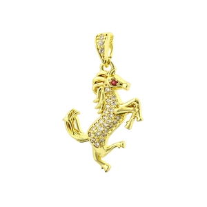 Pendentif cheval plaqué or 18k avec zircons blancs et œil en pierre rouge