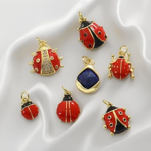 Trendy Ladybug Pendants Gold Plated Copper Enamel Animal Charms Rhinestone Teardrop Blue Stone For DIY Jewelry Making Necklaces