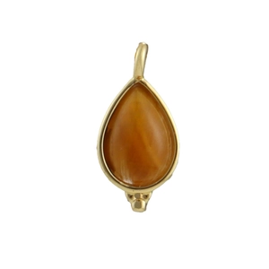Detail of orange teardrop gemstone pendant with gold trim and micro-beaded accent