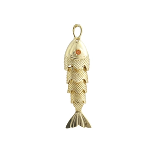 Articulated gold fish pendant with orange gemstone eye and textured scales detail