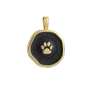 Detail of a 18k gold-plated camera paw print pendant with black enamel finish