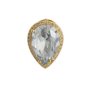 Detailed view of pear-cut zircon pendant with gold-plated claw setting and halo accent