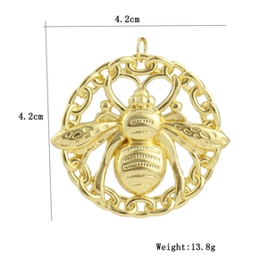 Detail of 18k gold plated hollow round bee pendant with chain textured edge 4.2cm