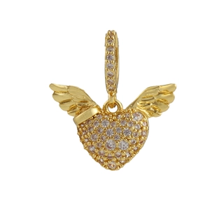 Exquisite gold-plated heart charm with zircon-encrusted wings for jewelry making