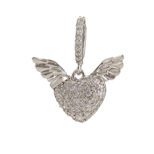 Close-up of a silver-toned heart with wings pendant featuring sparkling pave zircon stones