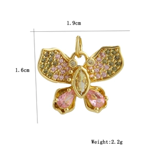 Detailed 18k gold plated butterfly pendant with pink and green crystals 1.9cm wide