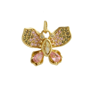18K gold plated butterfly pendant with pink and olive green gemstone pavé setting