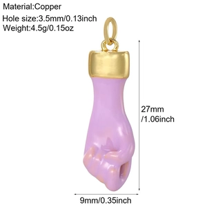 Detail of purple fist pendant with gold copper bail and technical measurements