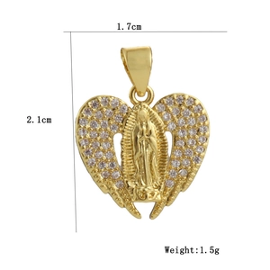 Detailed view of 18k gold heart pendant with Virgin Mary relief and dimensions