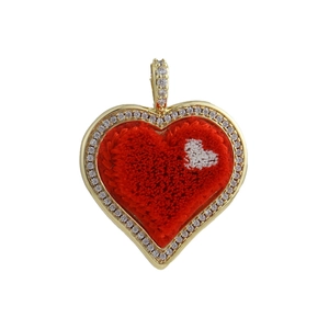 18k gold plated heart pendant with red tufted fabric and sparkling cubic zirconia stones