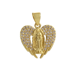 Detailed view of gold plated heart wing pendant with Virgin Mary and white zircon stones