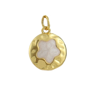 Detail of 18k gold plated hammered round pendant with a pink enamel floral design
