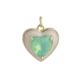 18k gold plated heart pendant with creamy enamel and light green faceted gemstone